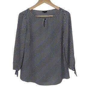 Talbots Women's Herringbone Print Chiffon Top Blouse Size MP Preppy, Tie Sleeve‎